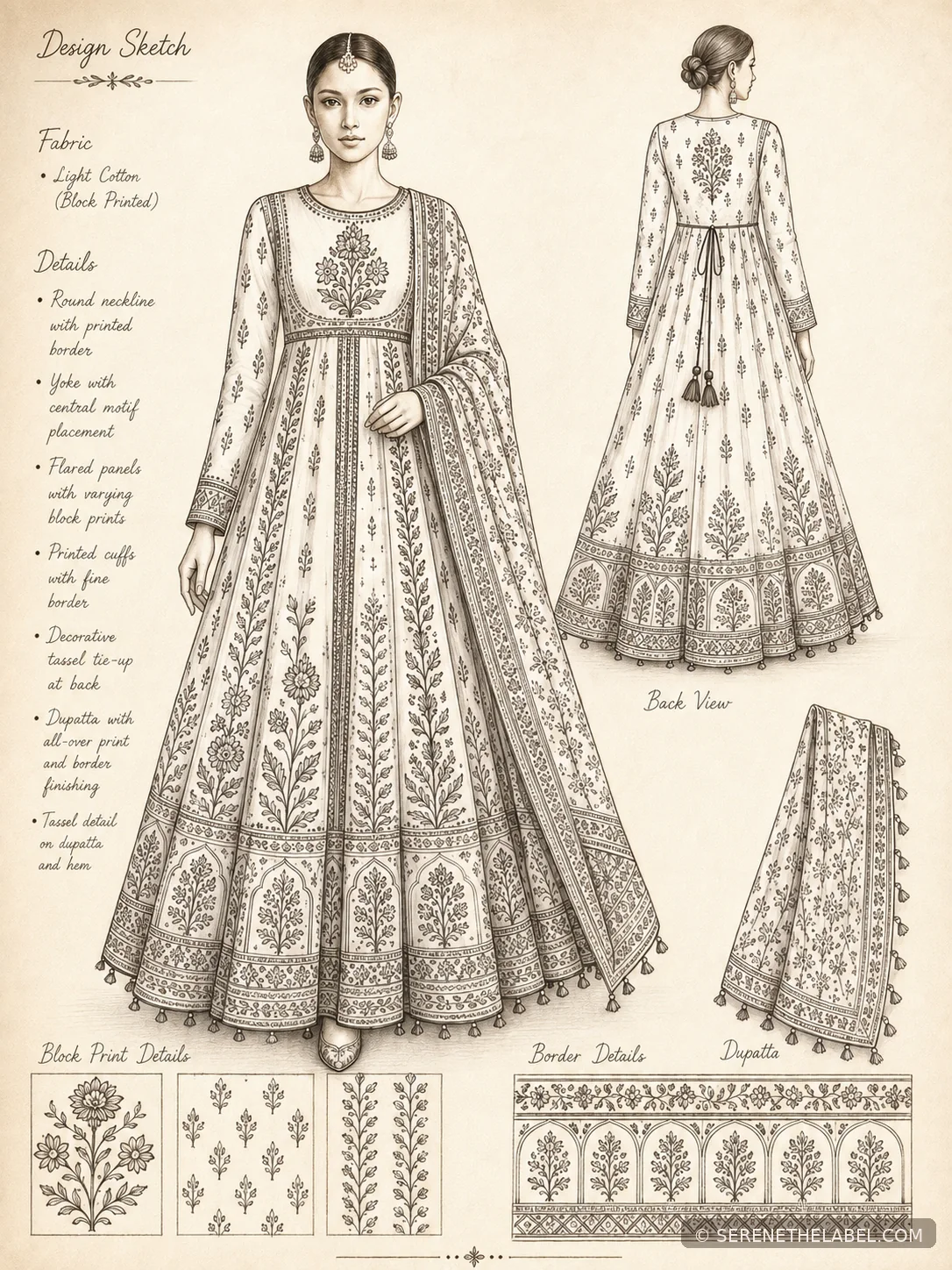 Detailed Serene fashion design sketch showing front, back, dupatta and border details